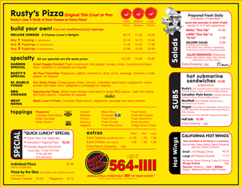 Rusty’s pizza menu